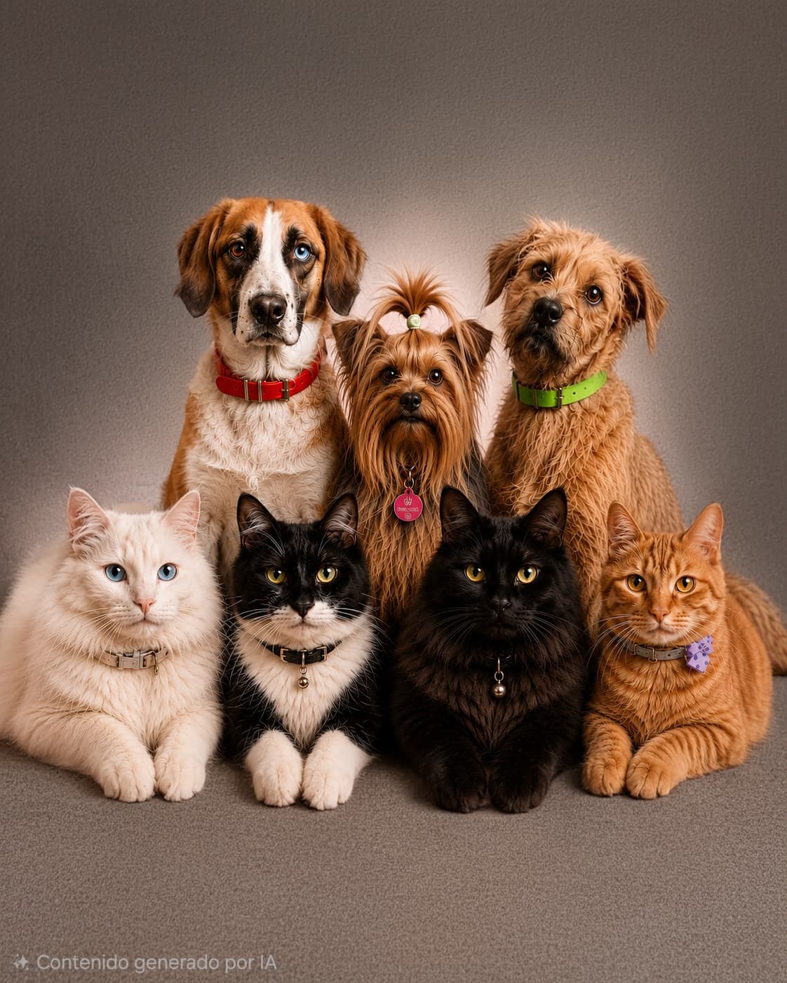 Los siete patitas fundadores de RedPatitas: tres perros y cuatro gatos posando en familia.